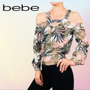 Cold Shoulder Natural Palm Print Tropical Top. BEBE brand